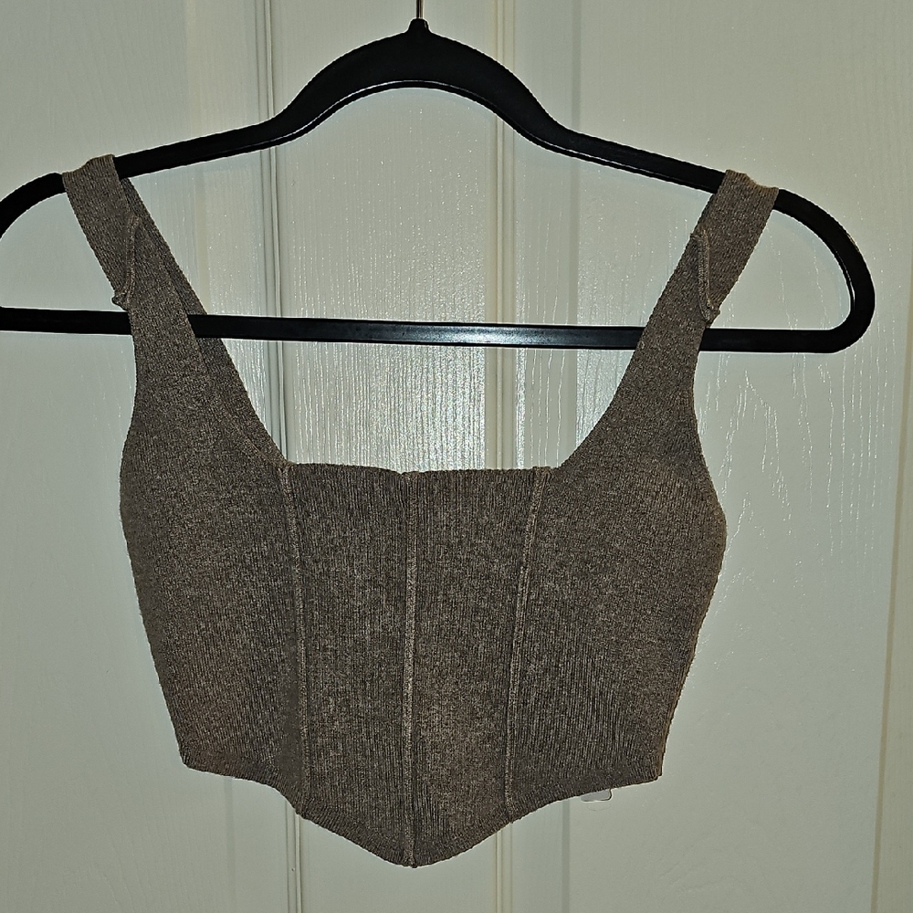 Rumored Brown Ribbed Square-Neck Crop Top